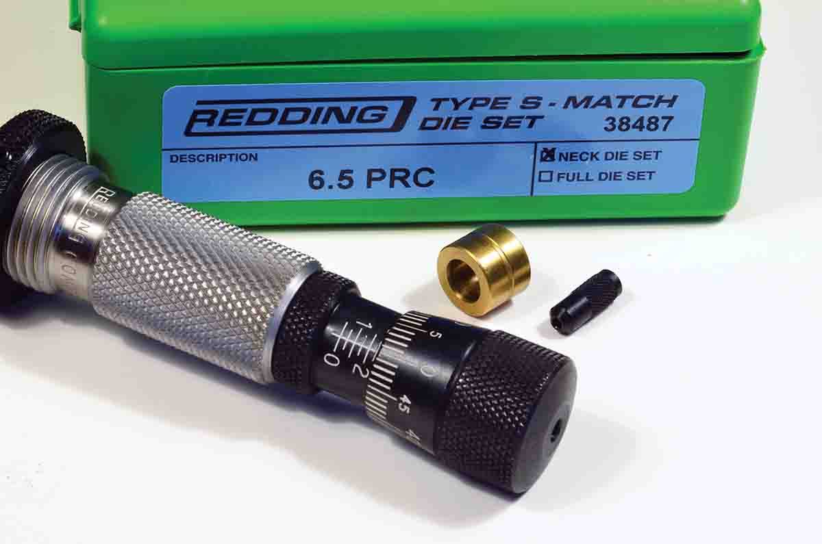 Loading dies for the 6.5 PRC match the cartridge for precision. These Redding dies offer a micrometer die for seating depth, and the neck-sizing die is fitted with floating bushings for alignment and exact external neck sizing. Getting the most from a cartridge like the 6.5 PRC requires specialized loading techniques.
